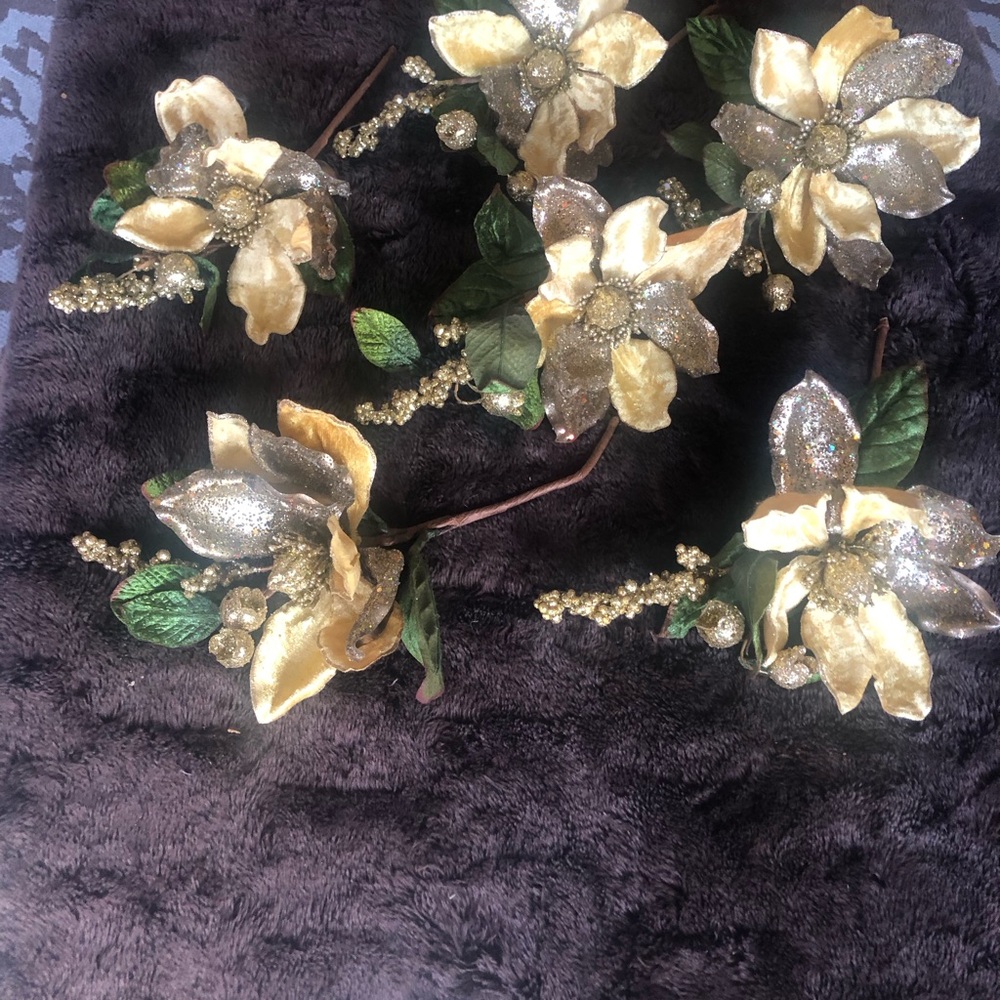 6 Gold and Green Floral Decorations-holiday tree picks